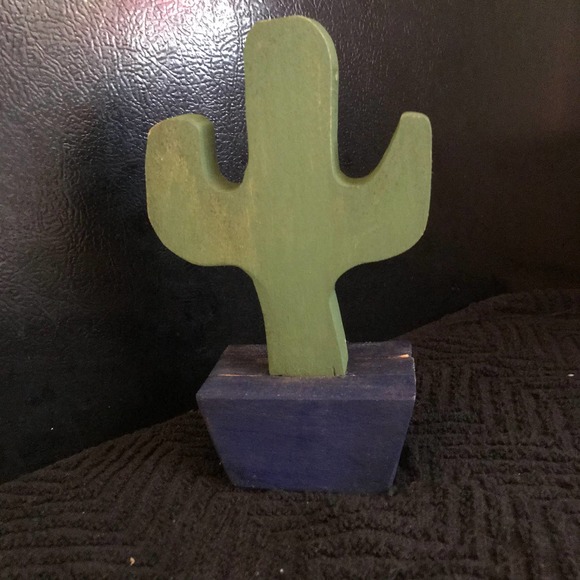 Wooden Cactus Handmade painted Green with Blue Base 8" - Picture 2 of 7